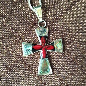 Vintage Taxco Sterling Red Coral & Abalone Crucifix Pendant with Italy 925 Chain